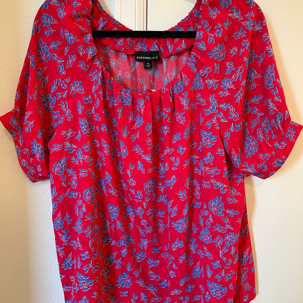 NEW Kendra Square Neck Top - Vibrant Red and Blue Relaxed Cuffed Sleeve Blouse